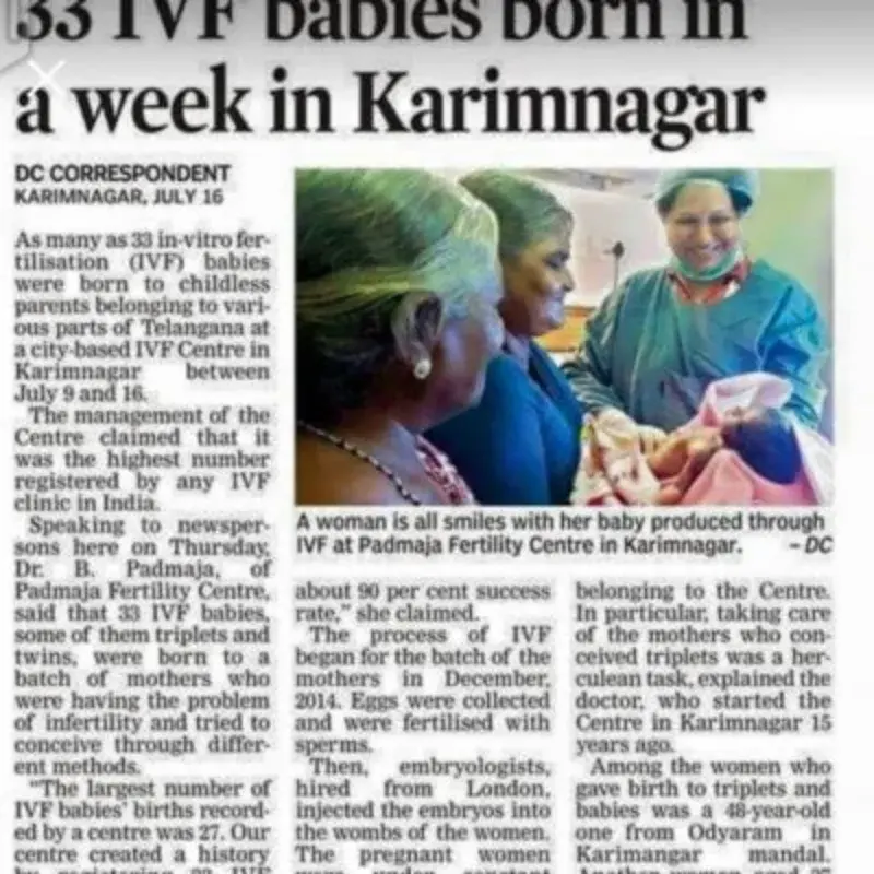 Deccan Chronicle article headlined “33 IVF babies born in a week in Karimnagar”, with a photograph of a mother and her baby
